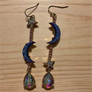 Celestial Moon & Star Dangle Earrings With Glitter & Teardrop Gemstone